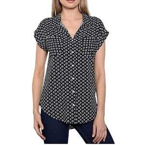 Jachs Girlfriend Button-Up Blouse Small Blue Diamond Print Short‎ Sleeve Casual